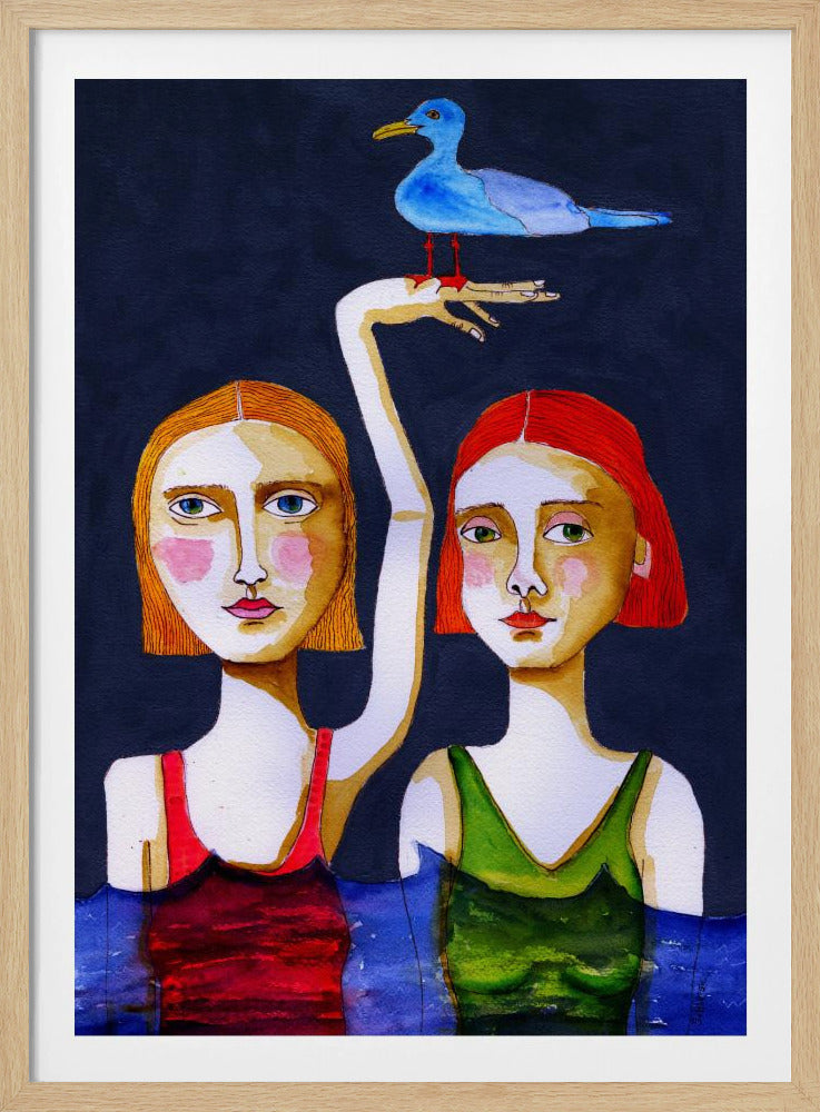 Schwimmende Mädchen mit blauer Möwe. | Poster
