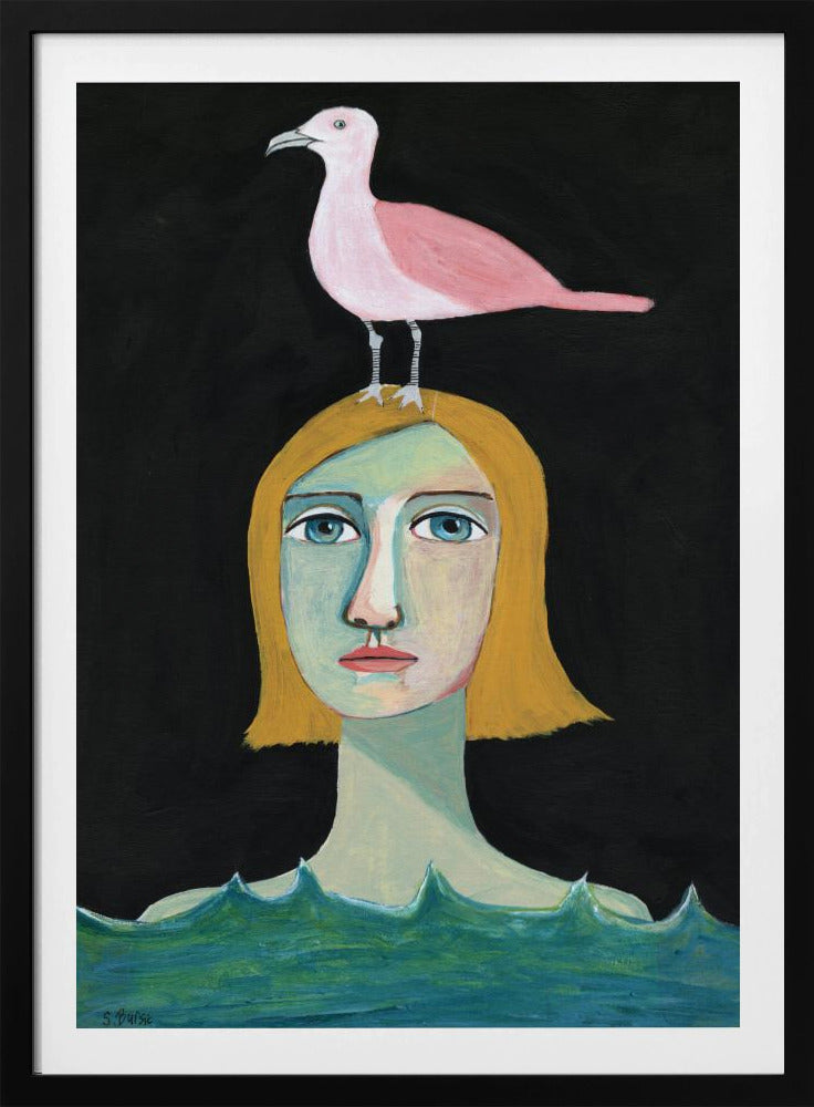 Swimming Girl with Pink Seagull | Poster