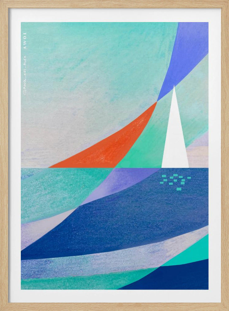 Abstrakte Ozeankunst mit minimalistischem weißen Segelboot auf dem Meer | Poster