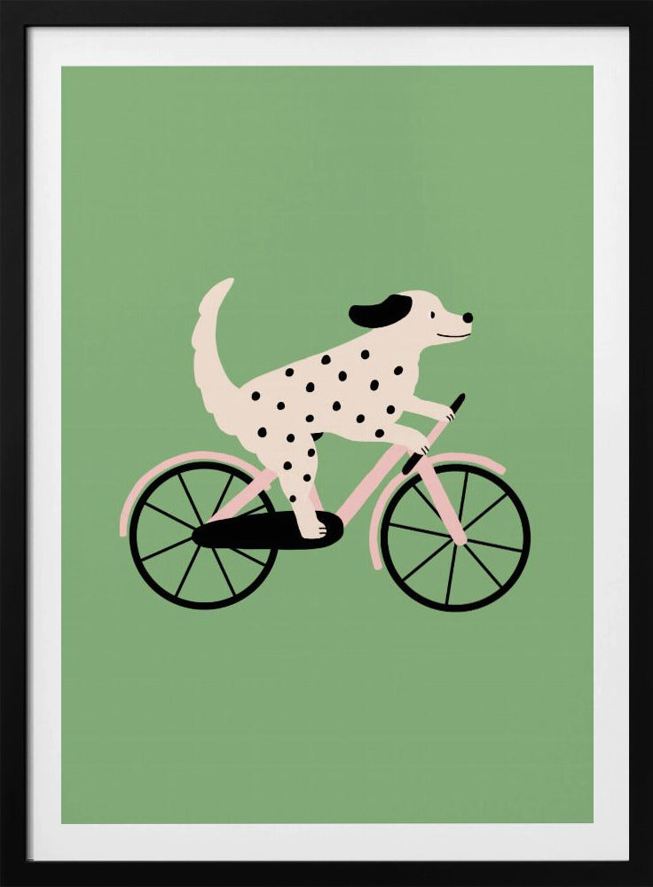 Gefleckter Hund beim Fahrradfahren | Poster