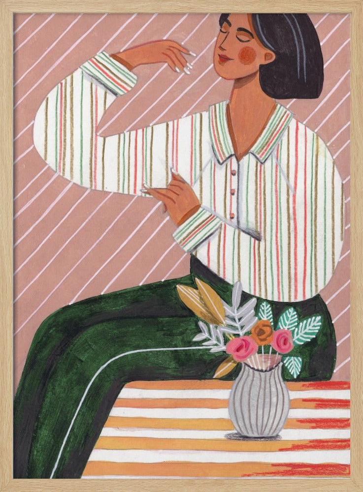 Frau in gestreiftem Hemd und grüner Hose | Poster