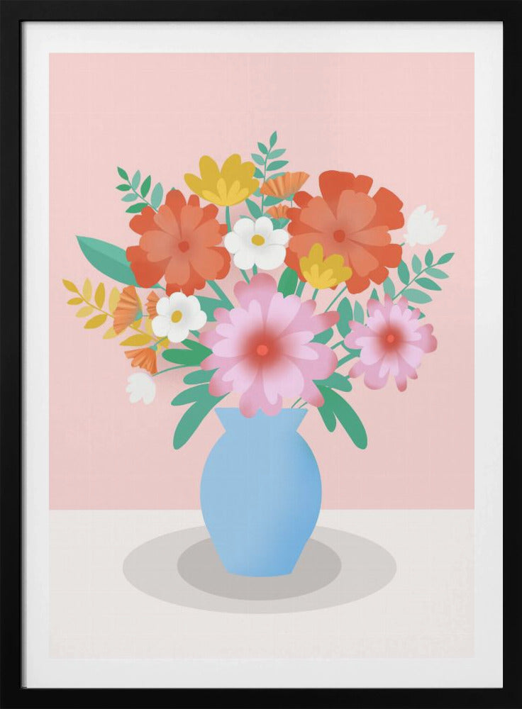 Lebendiger Blumenstrauß in einer blauen Vase | Poster