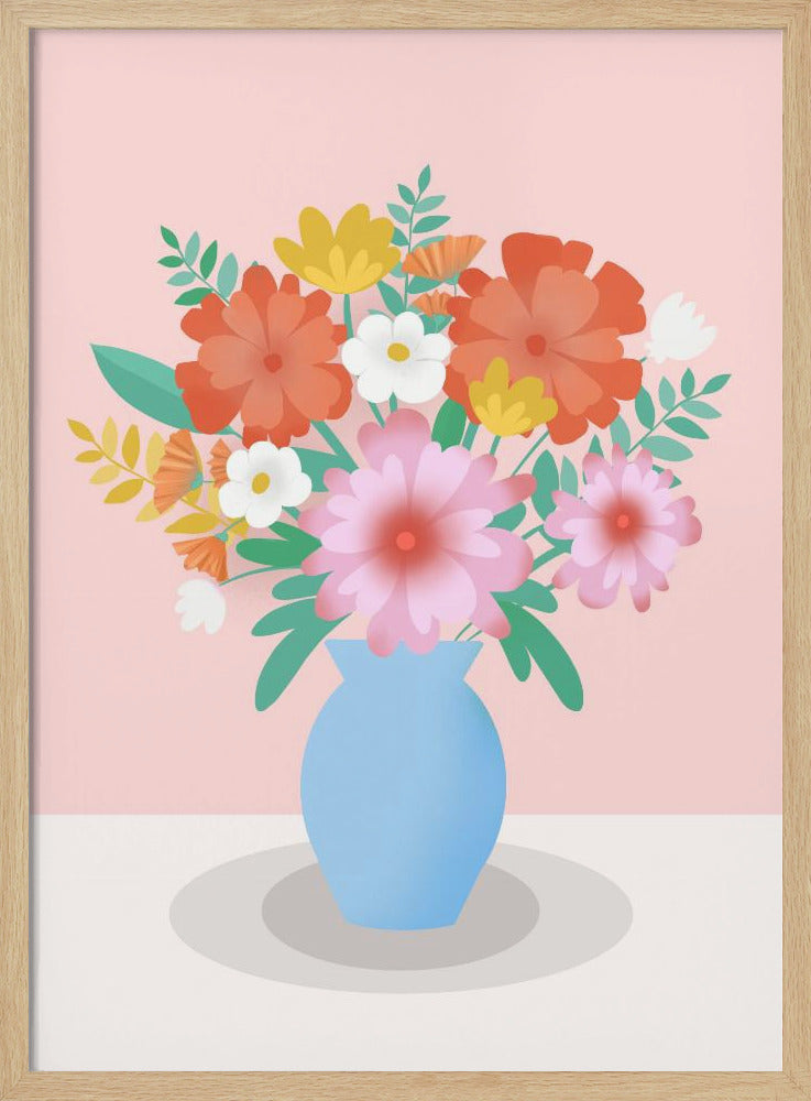 Lebendiger Blumenstrauß in einer blauen Vase | Poster