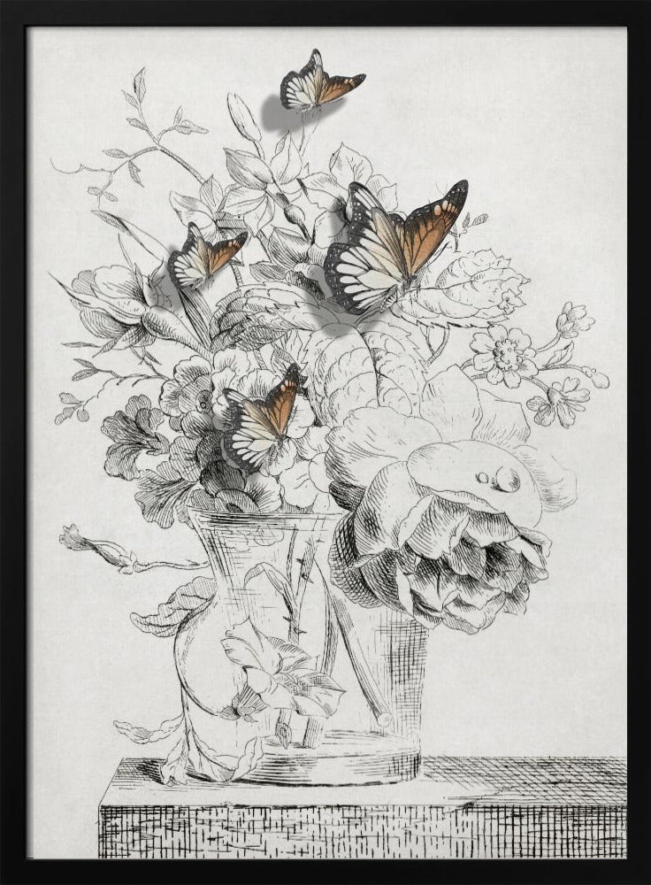Die Schmetterlinge und die Vase mit Blumen | Poster