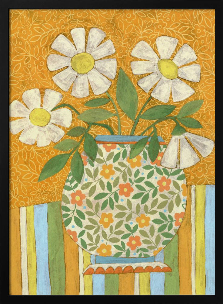 Weiße Gänseblümchen in einer gemusterten Vase | Poster