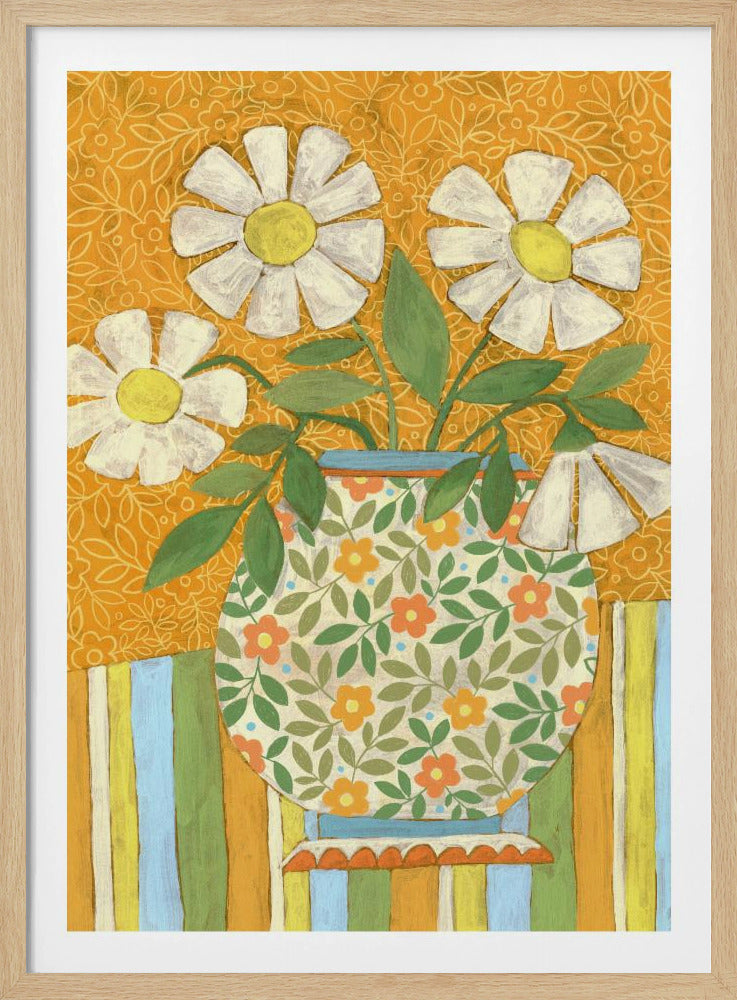 Weiße Gänseblümchen in einer gemusterten Vase | Poster