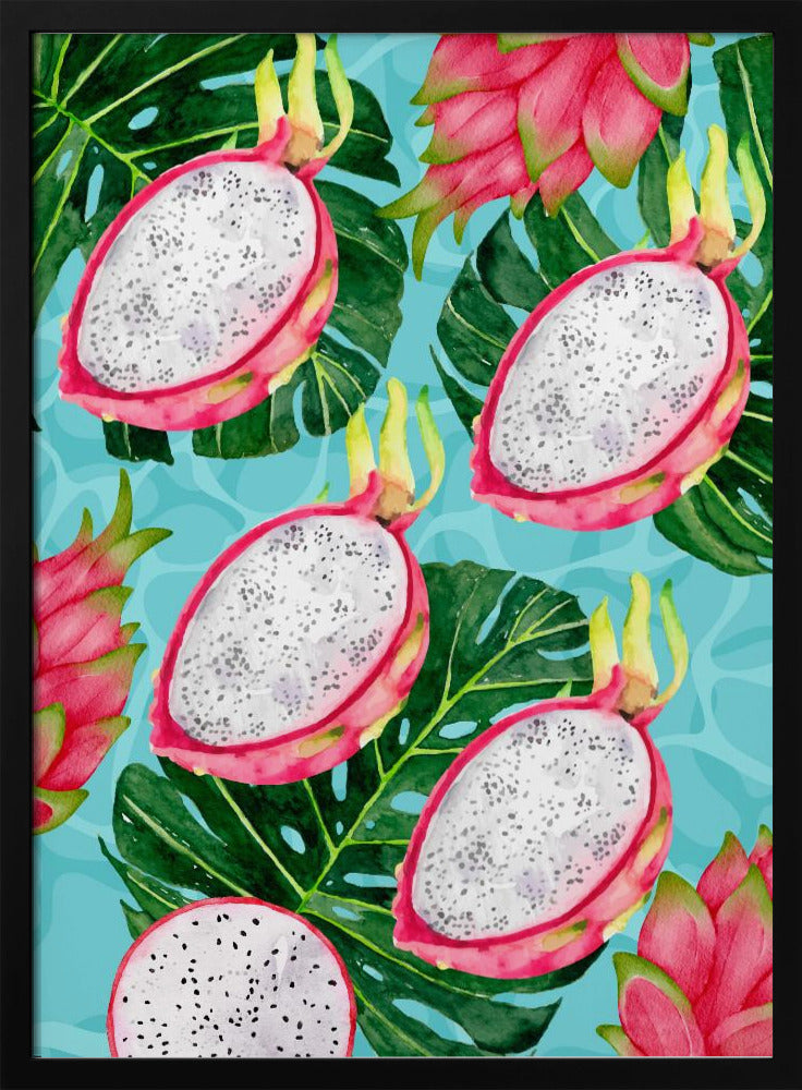 Lebendiges ästhetisches Muster aus Drachenfrucht und Monstera-Blättern – Exotisches tropisches Aquarell | Poster