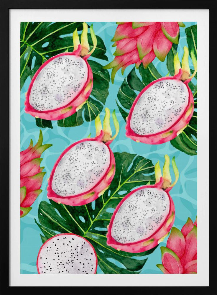 Lebendiges ästhetisches Muster aus Drachenfrucht und Monstera-Blättern – Exotisches tropisches Aquarell | Poster