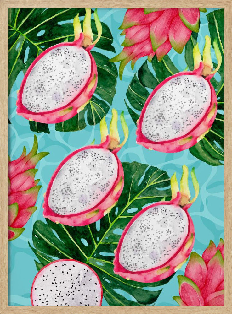 Lebendiges ästhetisches Muster aus Drachenfrucht und Monstera-Blättern – Exotisches tropisches Aquarell | Poster