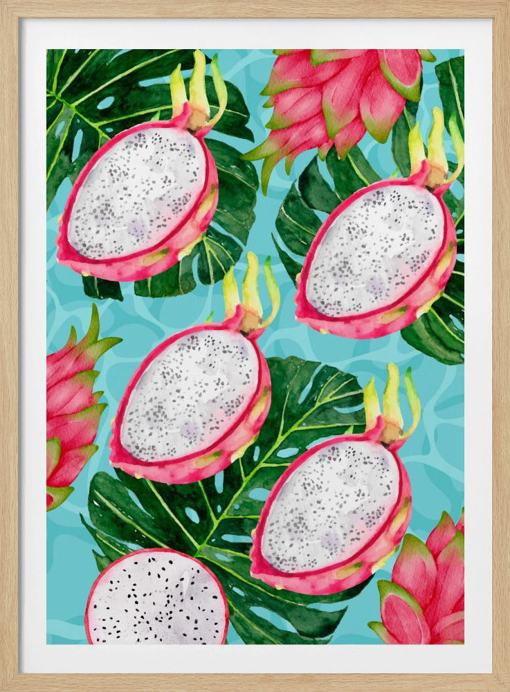 Lebendiges ästhetisches Muster aus Drachenfrucht und Monstera-Blättern – Exotisches tropisches Aquarell | Poster