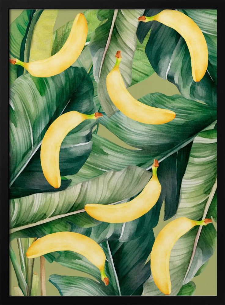 Ästhetisches Muster mit frischen Bananen und üppigen tropischen Blättern – natürliches Aquarelldesign | Poster