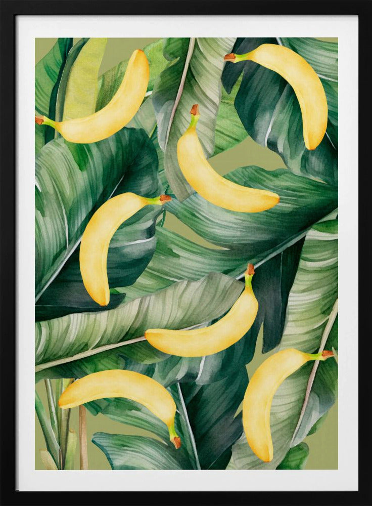 Ästhetisches Muster mit frischen Bananen und üppigen tropischen Blättern – natürliches Aquarelldesign | Poster