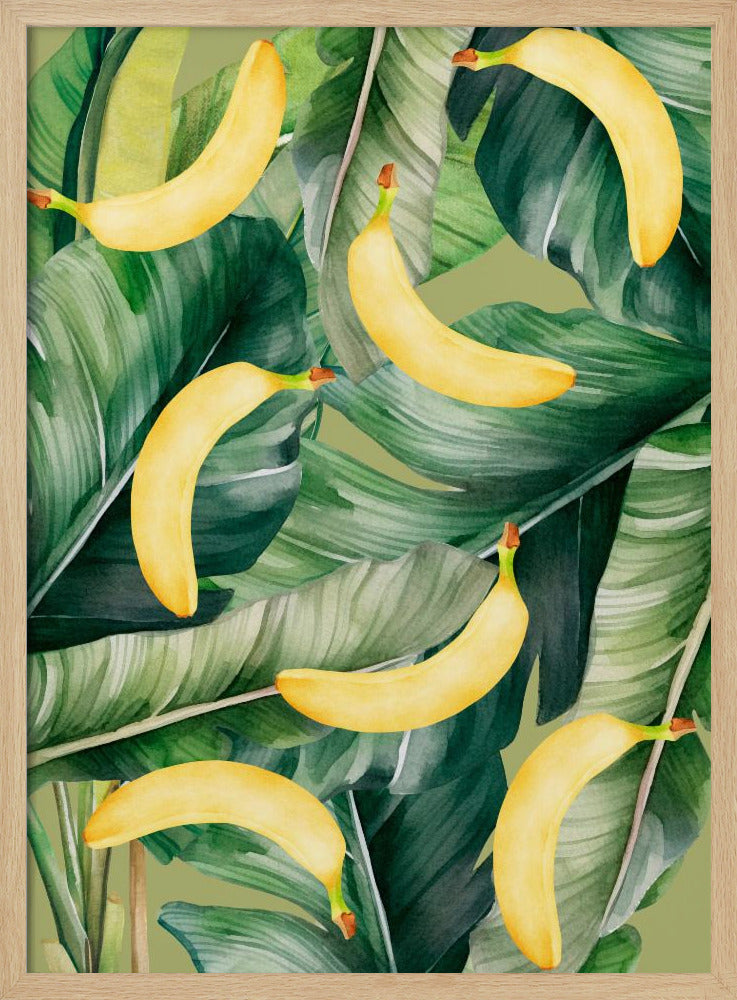Ästhetisches Muster mit frischen Bananen und üppigen tropischen Blättern – natürliches Aquarelldesign | Poster