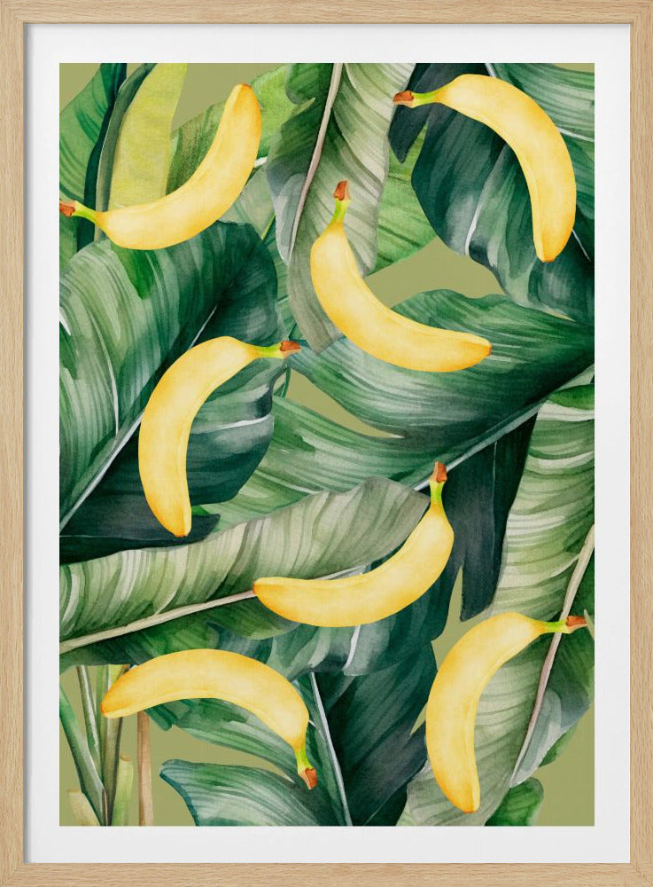 Ästhetisches Muster mit frischen Bananen und üppigen tropischen Blättern – natürliches Aquarelldesign | Poster