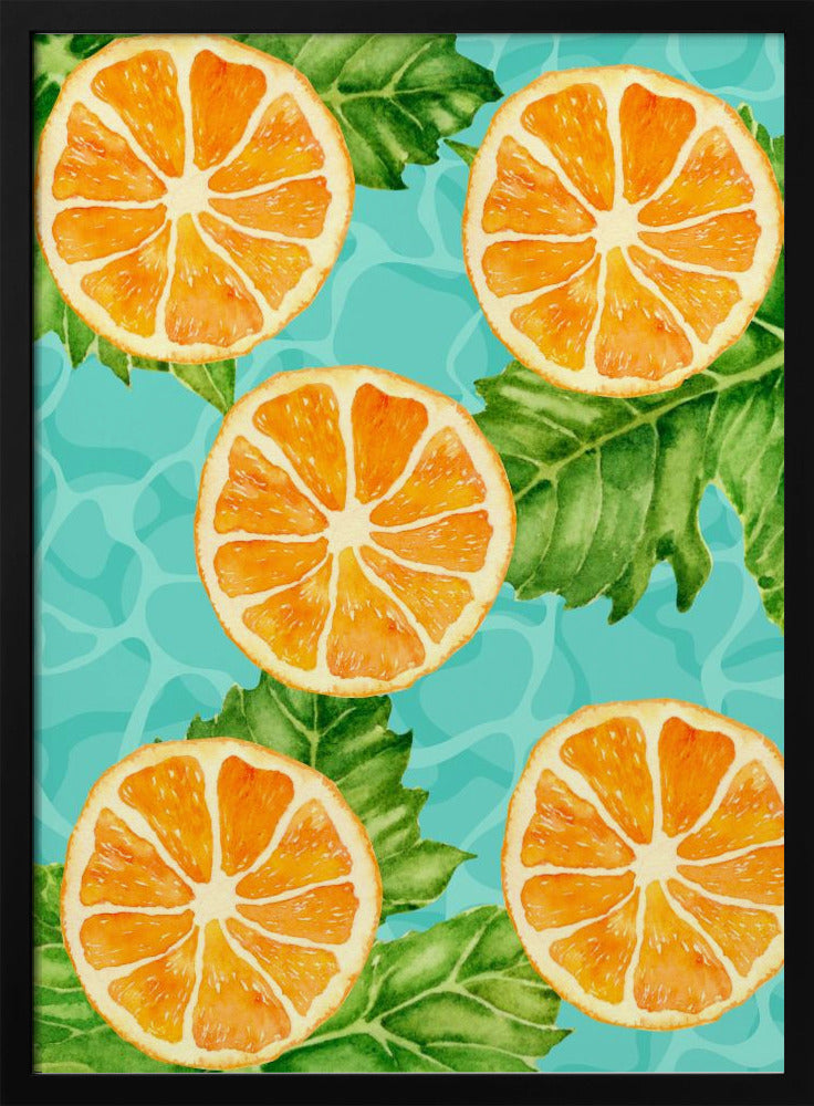 Lebendiges ästhetisches Muster aus Orangenscheiben und Blättern – Erfrischendes Sommer-Aquarell | Poster