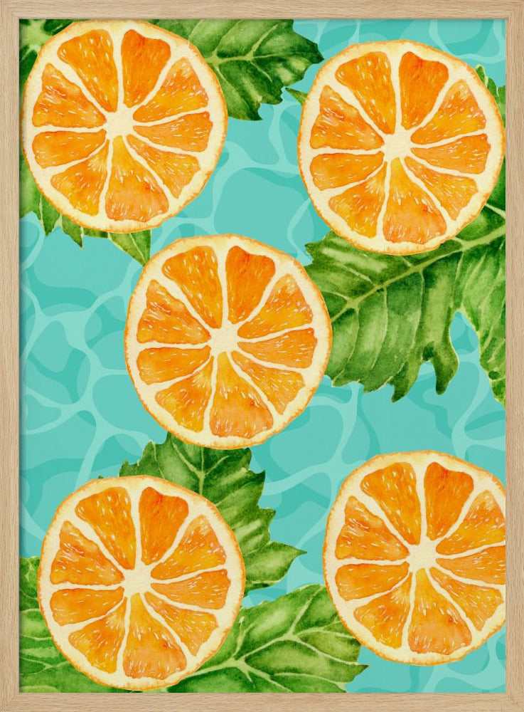 Lebendiges ästhetisches Muster aus Orangenscheiben und Blättern – Erfrischendes Sommer-Aquarell | Poster