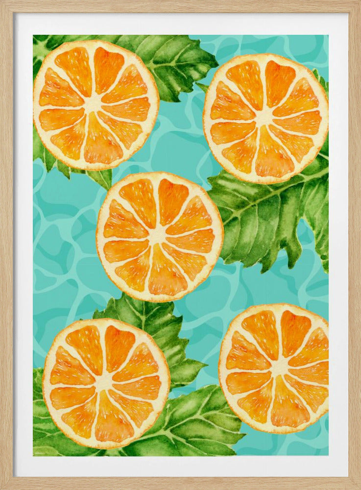 Lebendiges ästhetisches Muster aus Orangenscheiben und Blättern – Erfrischendes Sommer-Aquarell | Poster