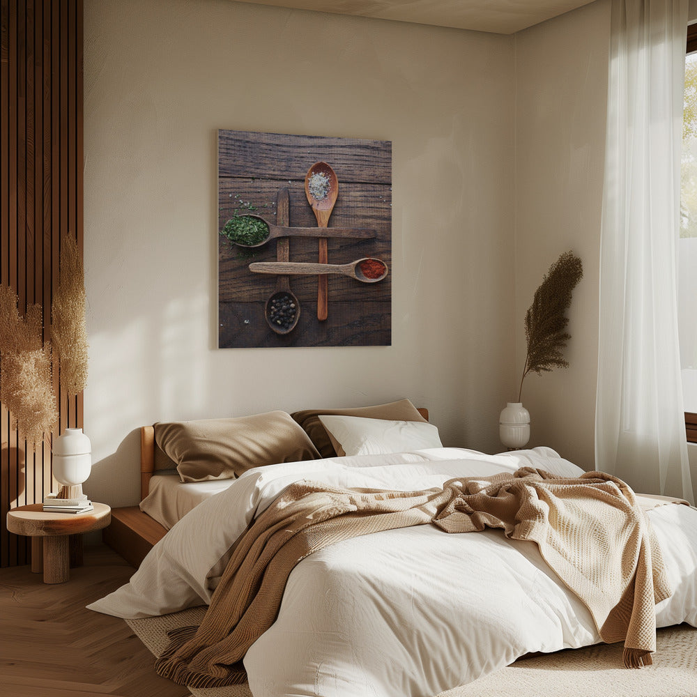 Holzlöffel mit bunten Gewürzen | Leinwand