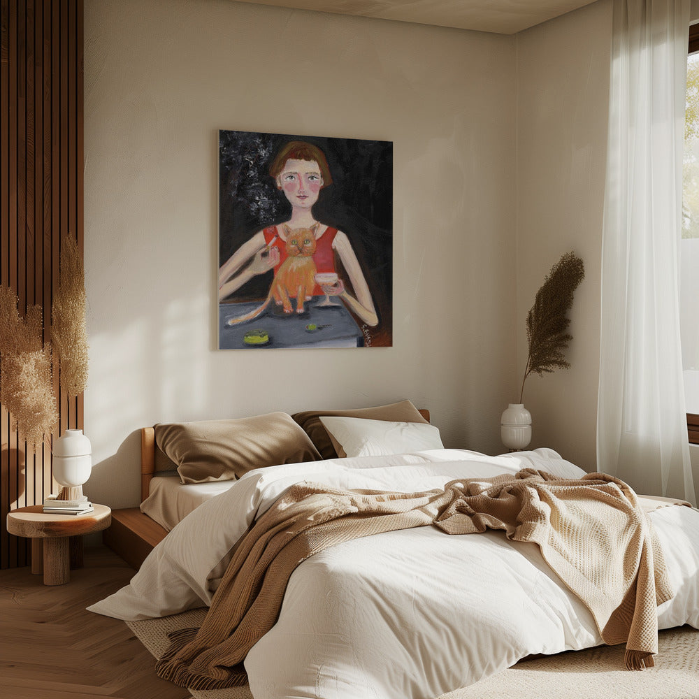 Vintage Frau mit Cocktail und Katze | Leinwand