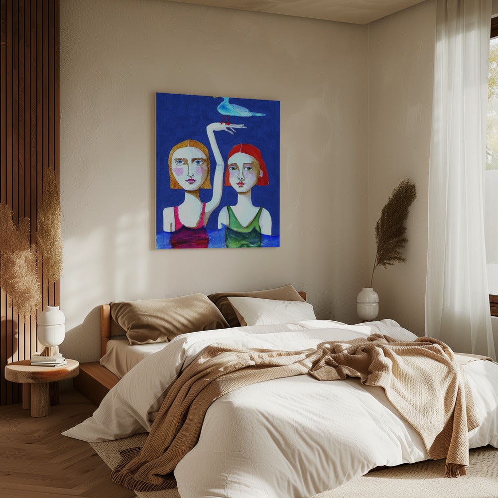 Schwimmende Damen mit blauem Vogel | Leinwand