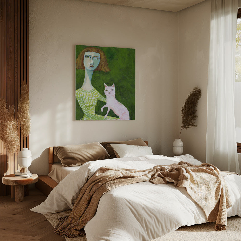 Katzendame mit rosa Katze | Leinwand