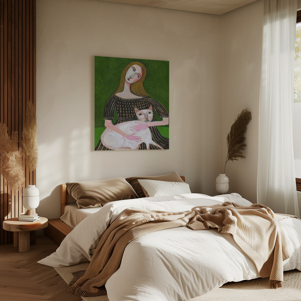 Vintage-Dame mit weißer Katze | Leinwand
