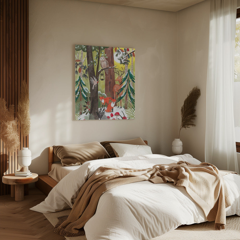 Green Christmas forest with animals | Canvas