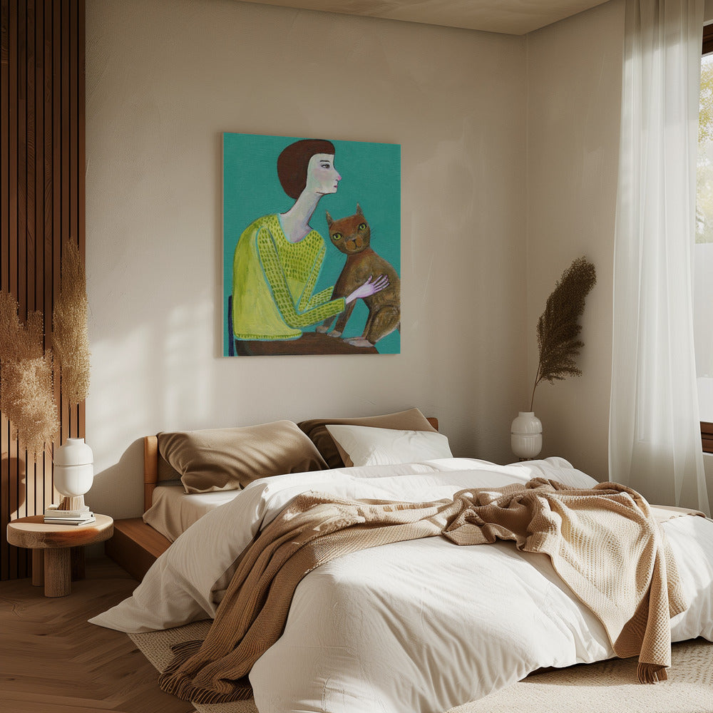 Dame sitzt mit brauner Katze Katzenliebhaber | Leinwand
