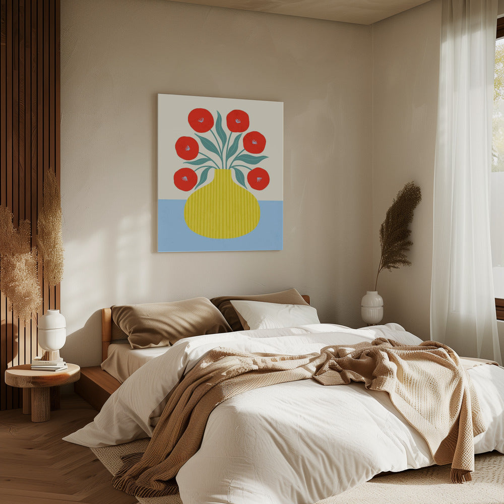 Rote Blumen in gelber Vase | Leinwand