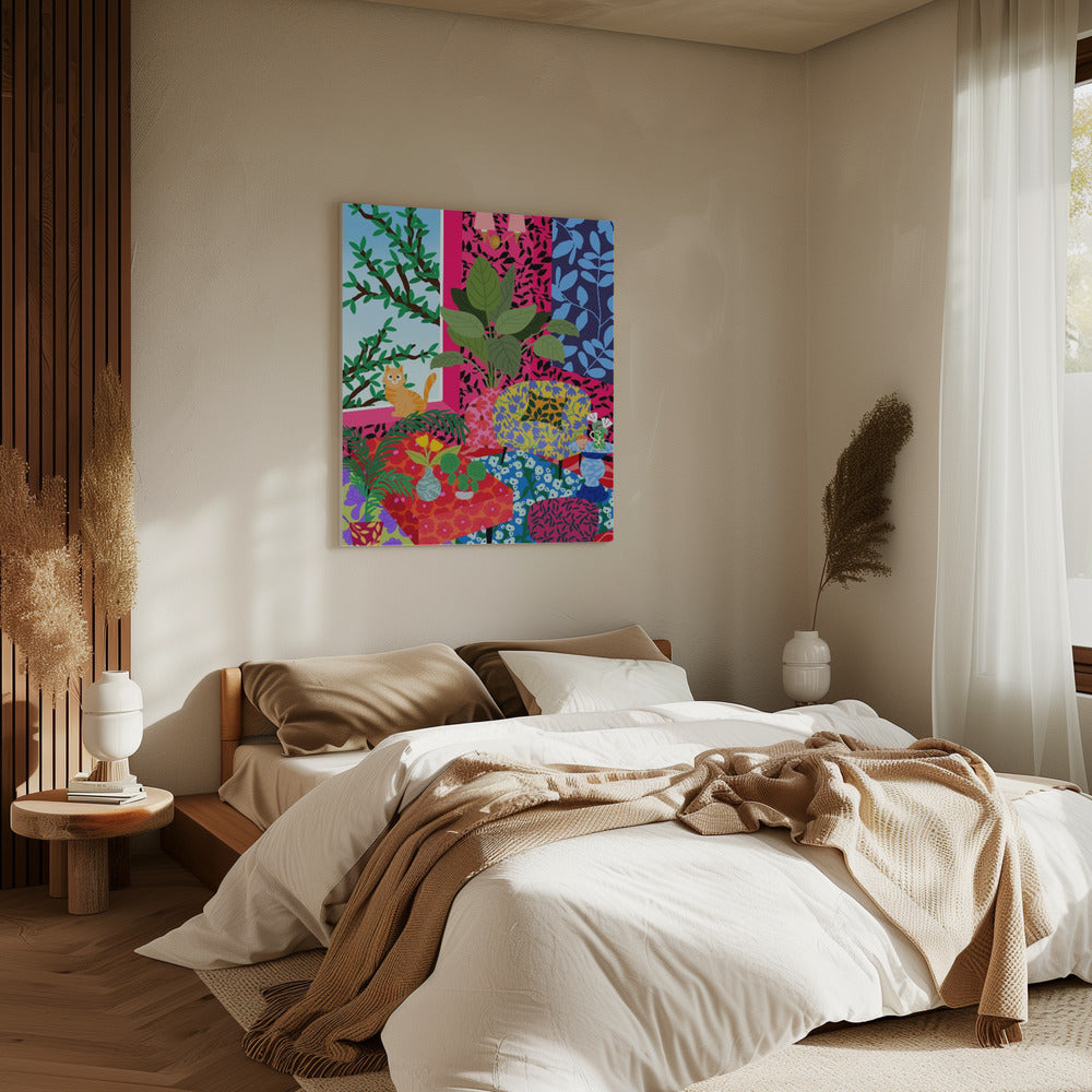 Katze im Flower Power Wohnzimmer | Leinwand