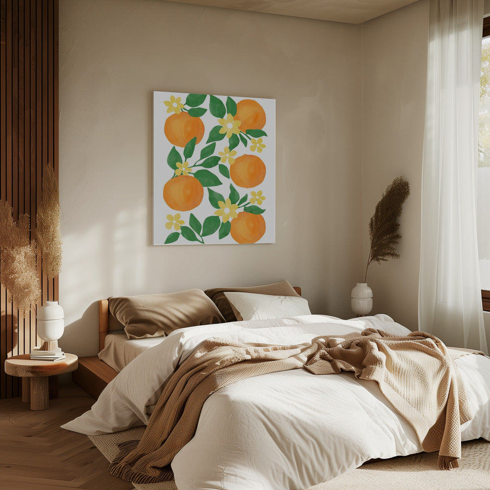 Orangen mit grünen Blättern und zarten gelben Blüten | Leinwand