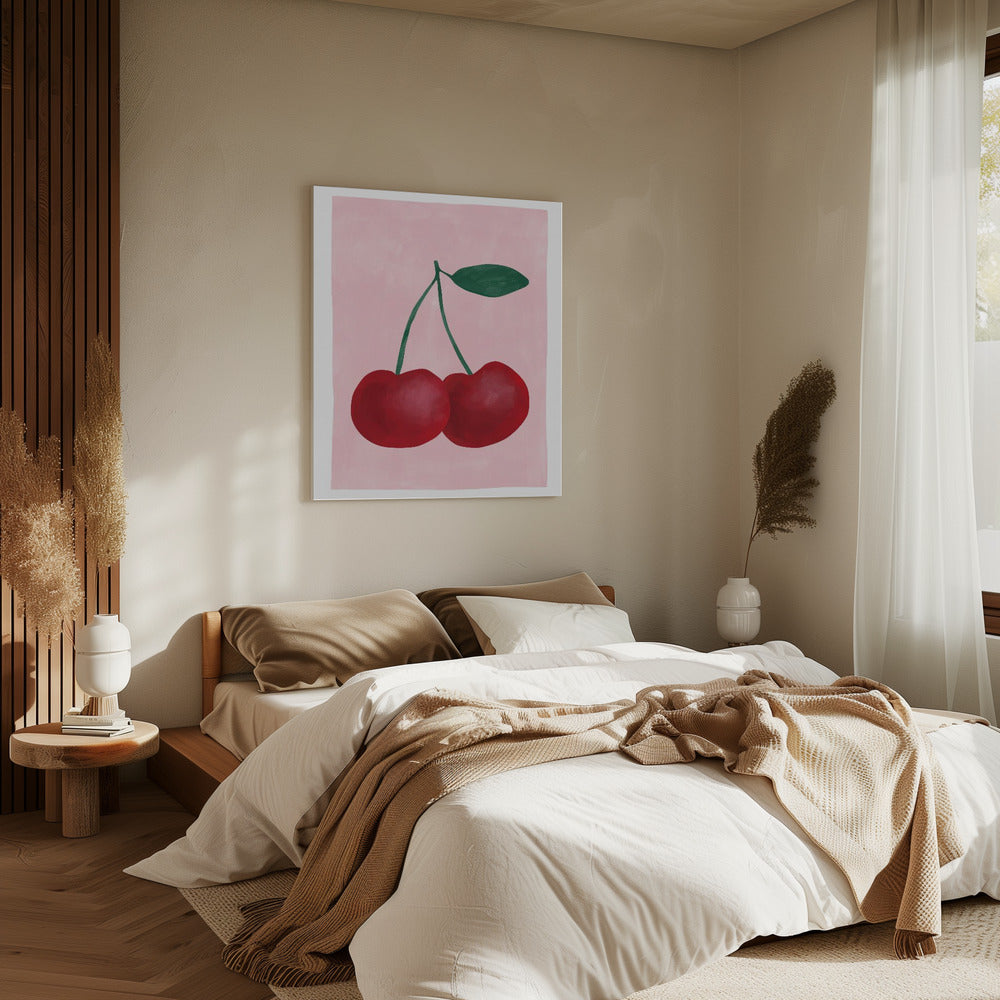 Rote Kirschen mit grünem Blatt | Leinwand