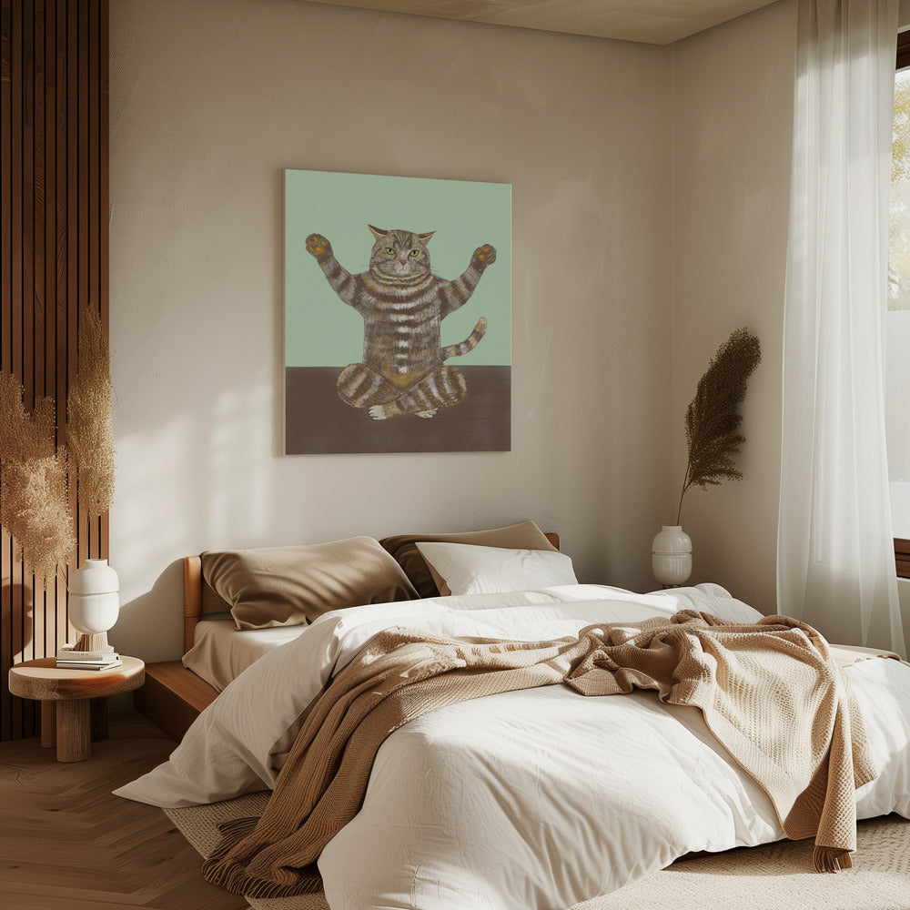 Yoga Katze Hellgrün Hintergrund | Leinwand