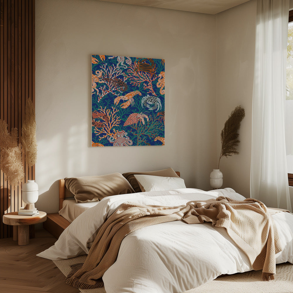 Lebendiges Korallenriff-Muster in Blau und Orange | Leinwand