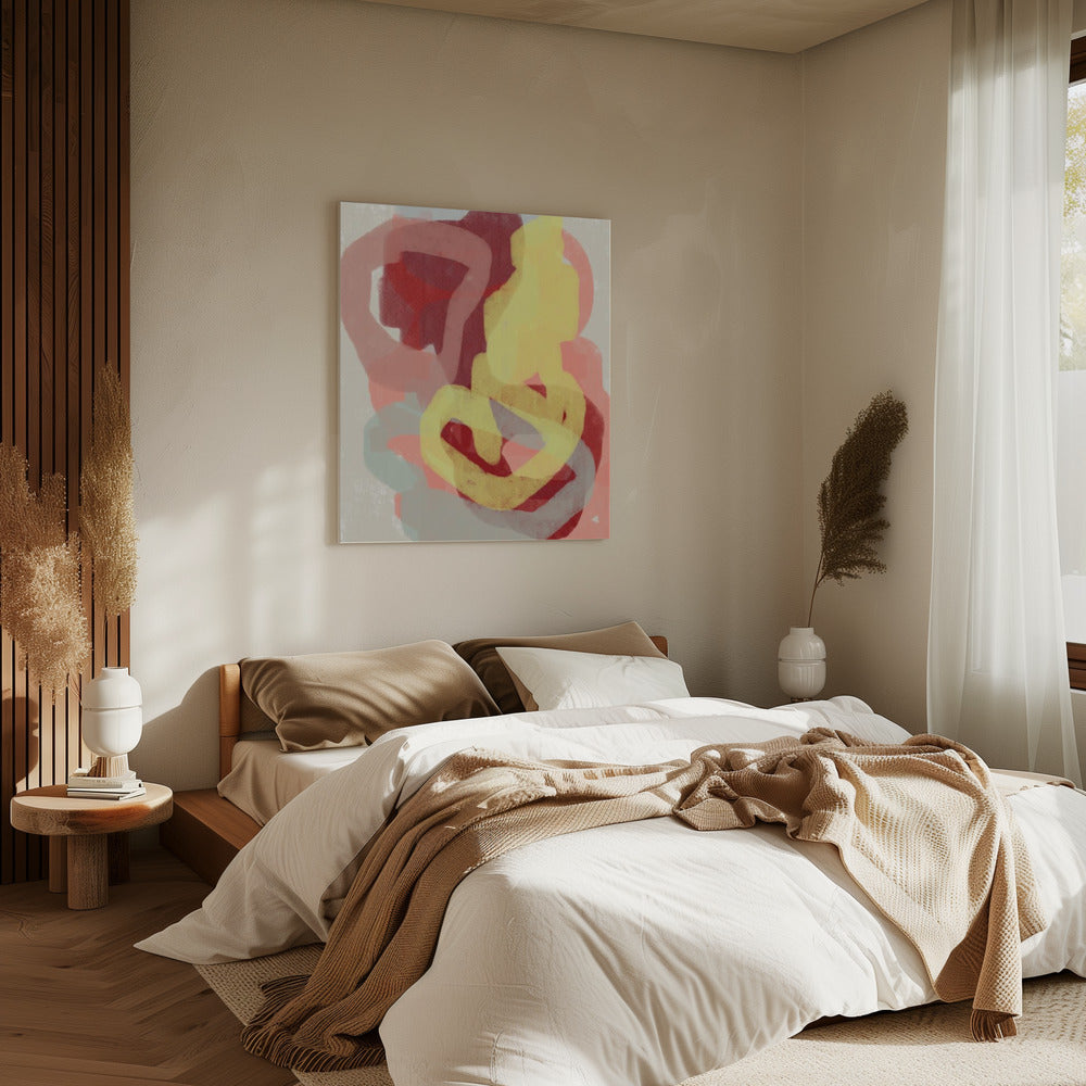Abstraktes Gemälde in Pastell. Gelb, Rot und Grau. | Leinwand