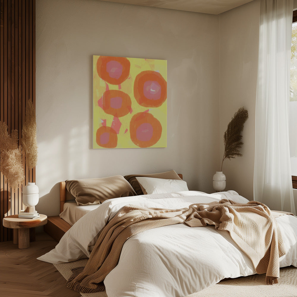Abstraktes Gemälde. Boho-Rosen in Orange und Pink auf Gelb. | Leinwand
