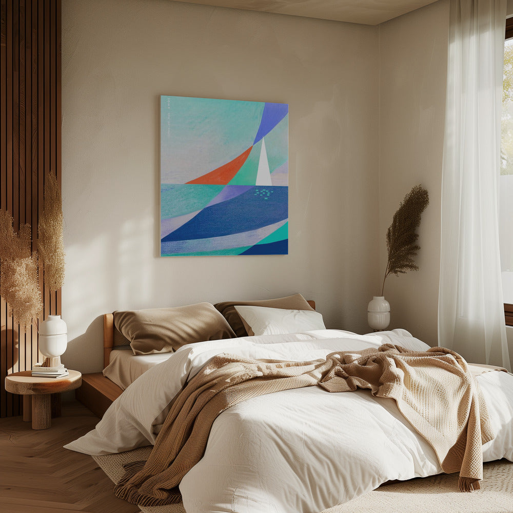 Abstrakte Ozeankunst mit minimalistischem weißen Segelboot auf dem Meer | Leinwand