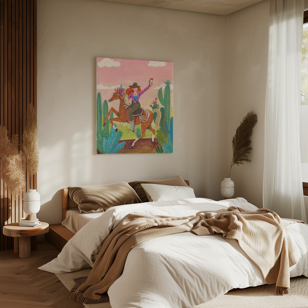 Cowgirl auf Pferd in der Wüste | Leinwand