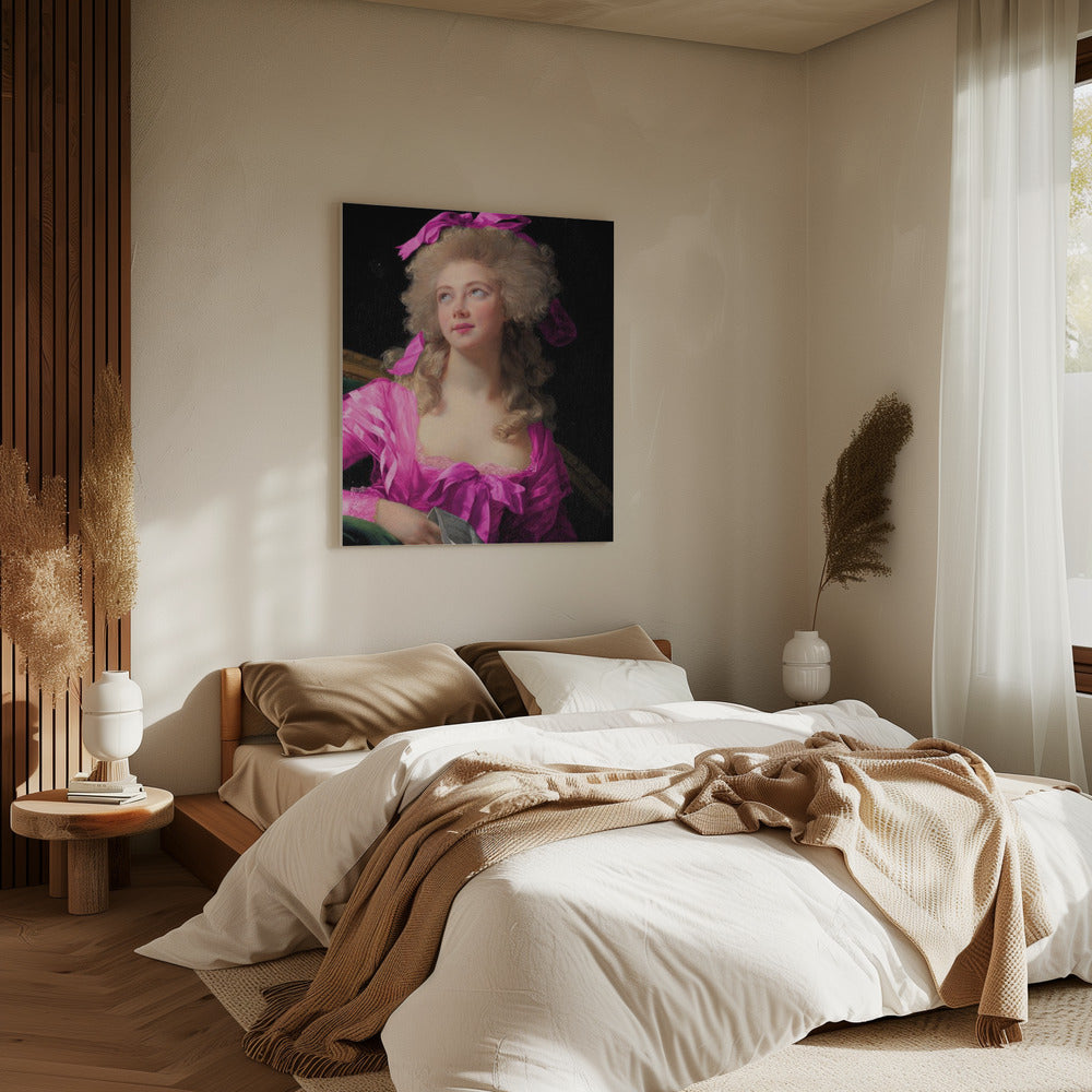 Frau in leuchtendem rosa Kleid und Schleife | Leinwand