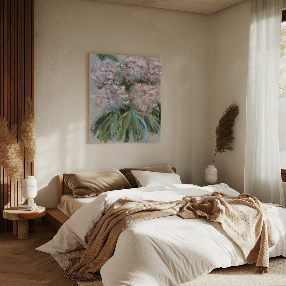 Rosa Hortensien mit grünen Blättern | Leinwand