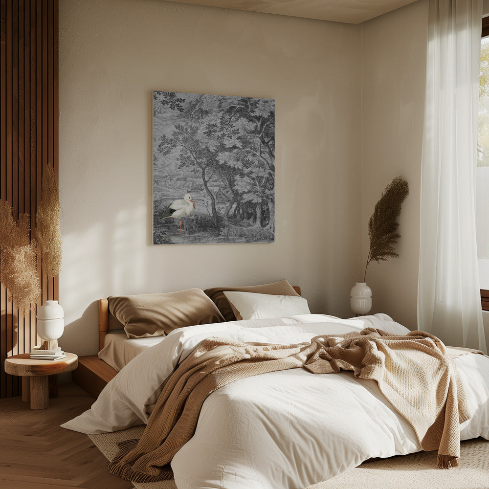 Vintage Landschaft mit Storch | Leinwand