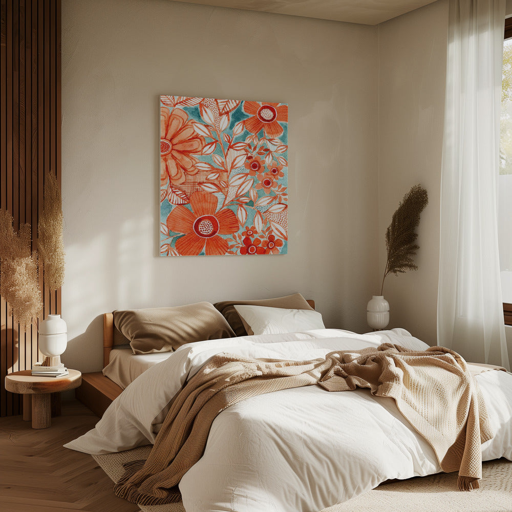 Rote Gänseblümchen mit Aqua | Leinwand