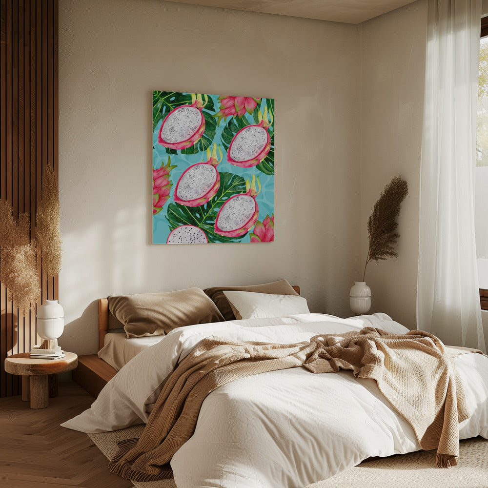 Lebendiges ästhetisches Muster aus Drachenfrucht und Monstera-Blättern – Exotisches tropisches Aquarell | Leinwand