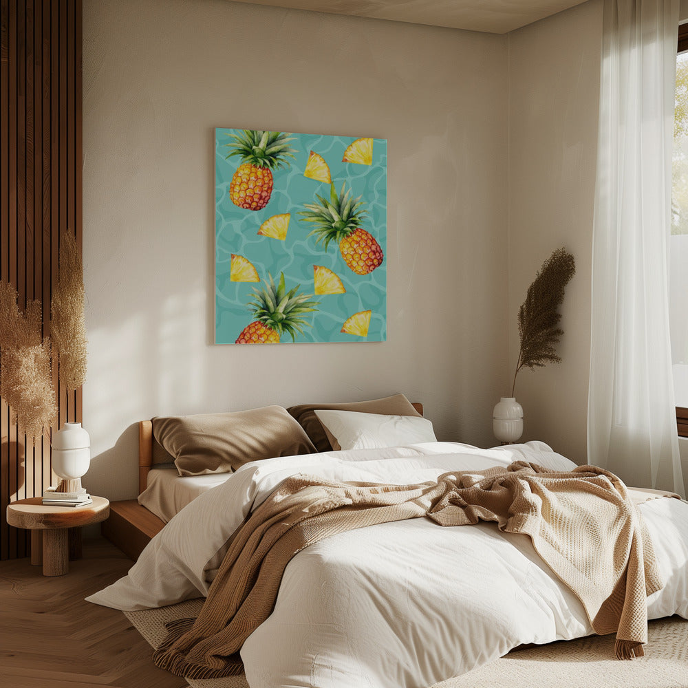 Exotisches Ananas- und Ananasscheiben-Muster – Tropisches Sommer-Aquarell | Leinwand
