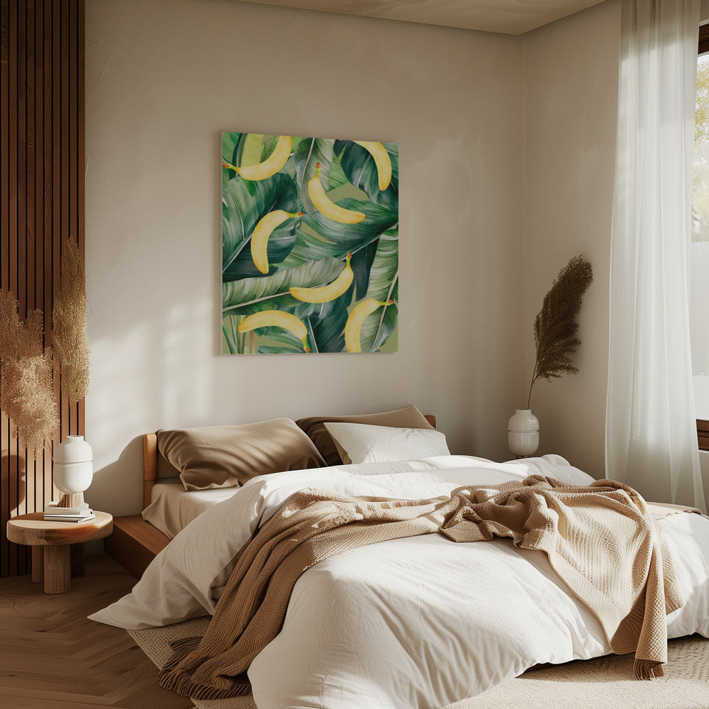Ästhetisches Muster mit frischen Bananen und üppigen tropischen Blättern – Natürliches Aquarelldesign | Leinwand