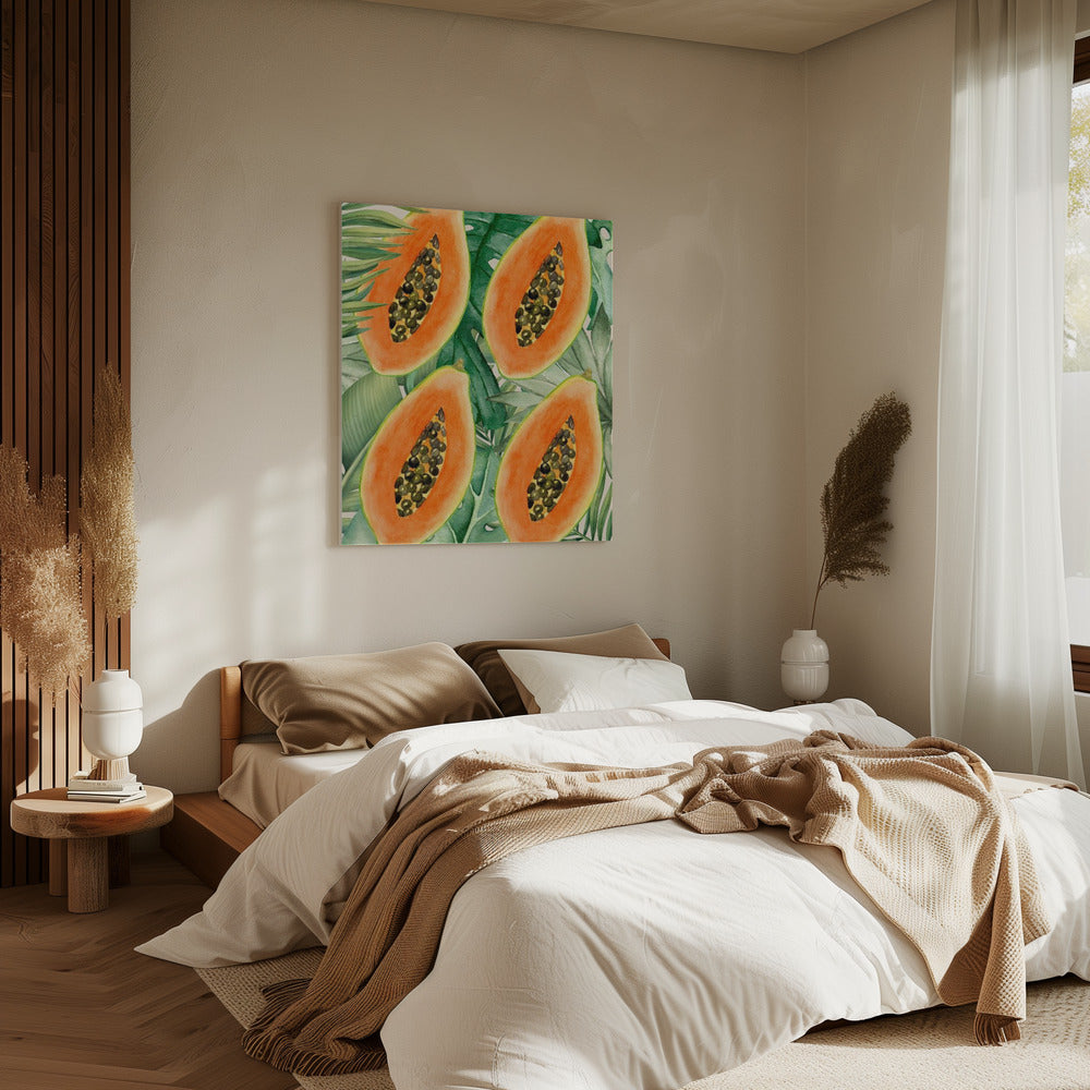 Ästhetisches Muster mit exotischer Papaya und üppigen grünen Blättern – Tropisches botanisches Aquarell | Leinwand