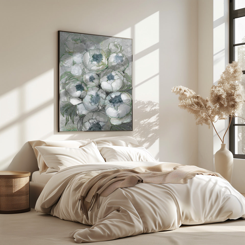 Nuria bouquet of peonies in teal and green | Poster