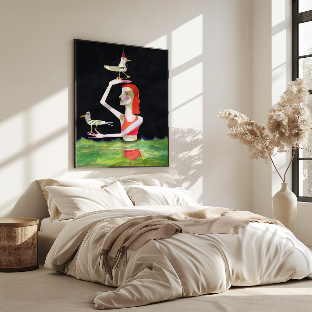 Schwimmende Dame mit Vögeln | Poster
