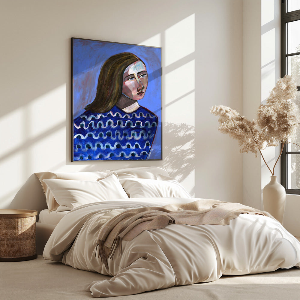 Frau im blauen Pullover Naives Porträt Figurativ | Poster