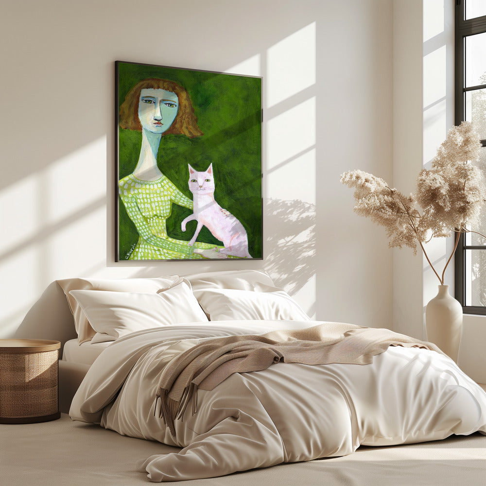 Katzendame mit rosa Katze | Poster